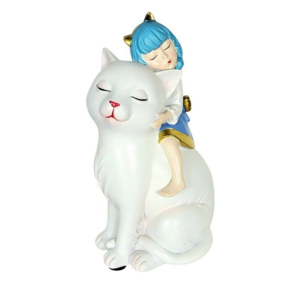 Decorative Porcelain Whimsical Statue Of A Cat Girl Sleeping On A Big White Cat